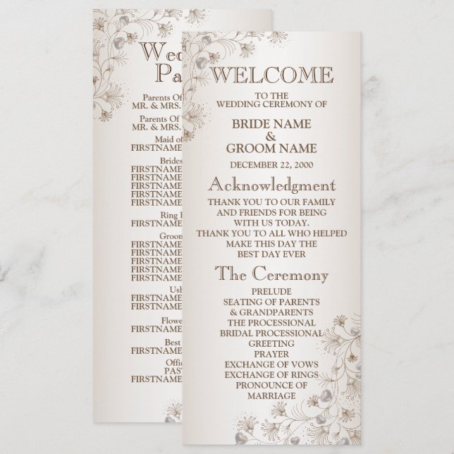 Programa Boda Tan Patrón Floral Corazón Beige Elegante (Anverso / Reverso)