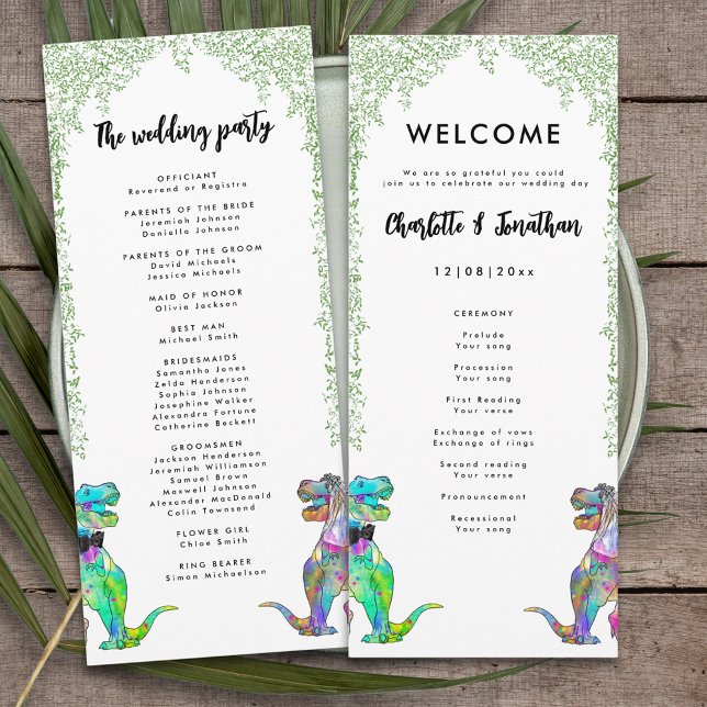 Programa Boda temática de dinosaurios coloridos (Colorful T-Rex bride and groom dinosaur wedding day program)