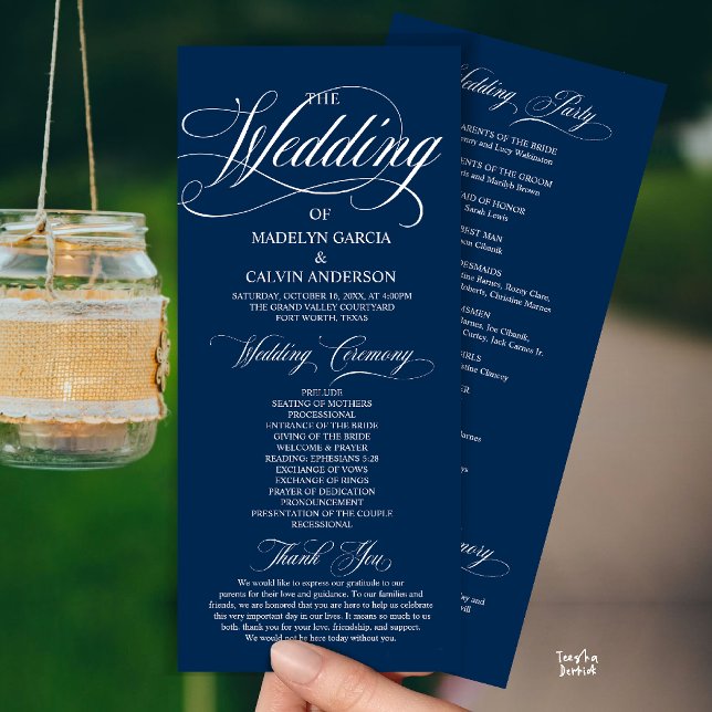 Programa Boda Todo en Uno con Letra Moderna Azul Marino (Modern Script All In One Wedding Program Card in Navy Blue)