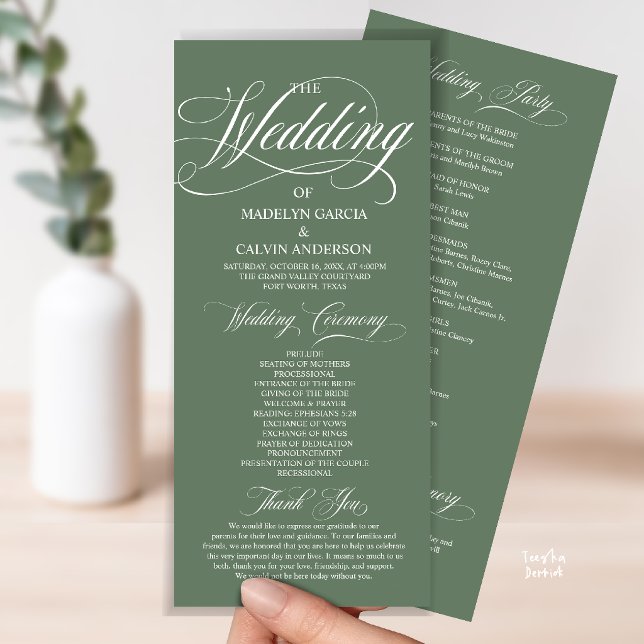 Programa Boda Todo en Uno con Letra Moderna Verde Salvia (Modern Script All In One Wedding Program Card in Sage Green)