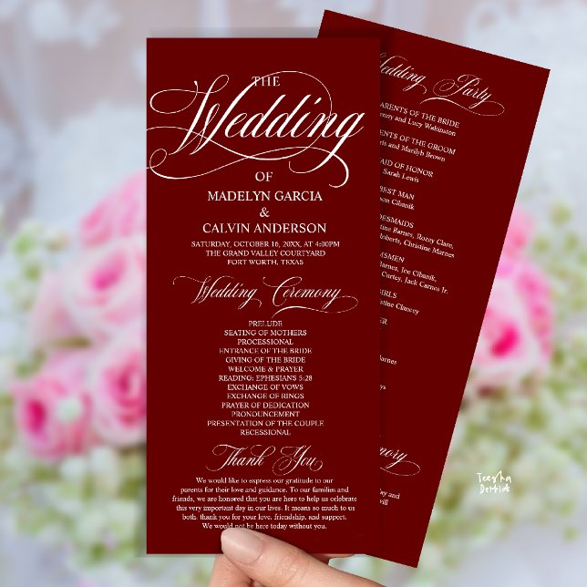 Programa Boda Todo en Uno de Tinta Roja de Burdeos en Letra (Modern Script All In One Wedding Program Card in Burgundy Wine Red)