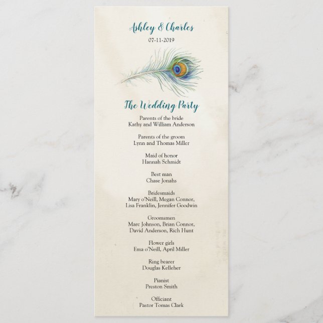 Programa Boda Verde azulado Elagant de la pluma de pavo rea (Anverso)