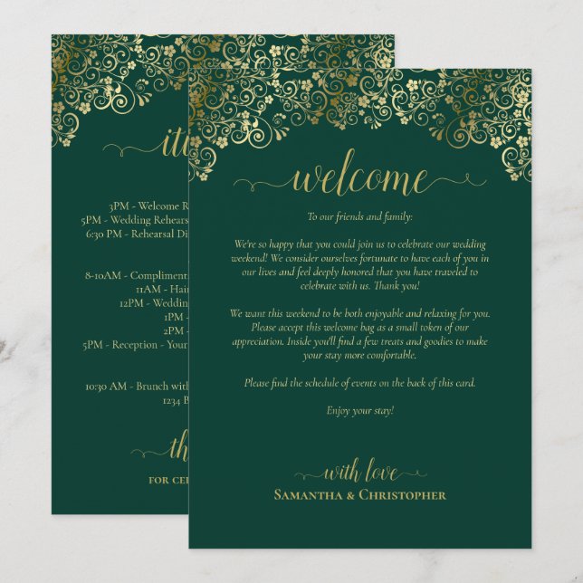 Programa Boda Verde Esmeralda y Dorado: Bienvenida e Itiner (Anverso / Reverso)