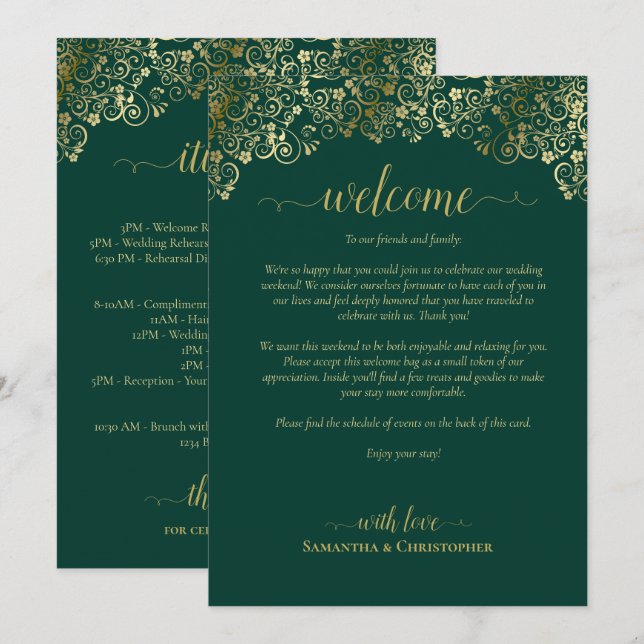Programa Boda Verde Esmeralda y Dorado: Bienvenida e Itiner (Anverso / Reverso)