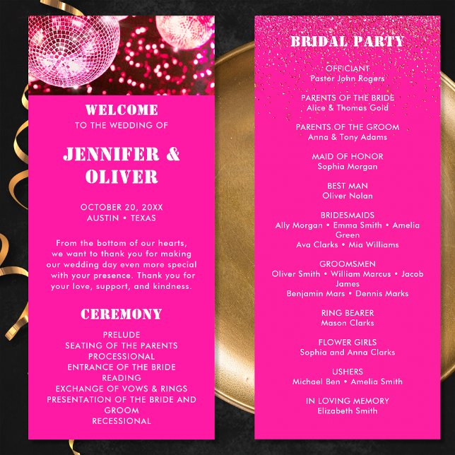 Programa Bodas de Bolas de Disco Retro Brillo Rosa Chic y A (Front and Back)