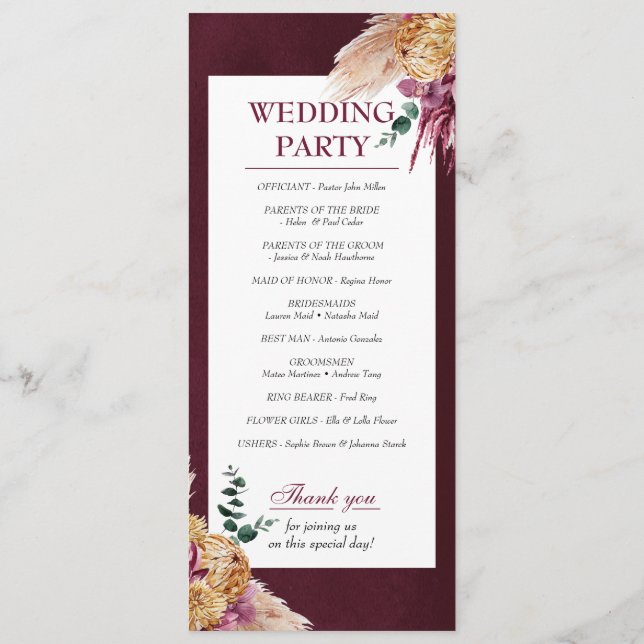Programa Bohemian Fall Burgundy Floral Wedding (Reverso)