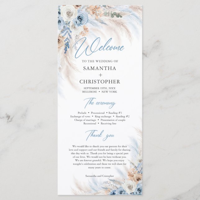 Programa Boho Blue Floral y Rosas de marfil boda Pampas (Anverso)