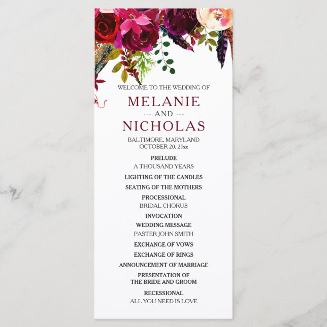 Programa Boho Burgundy Floral Wedding, 3979 (Anverso)