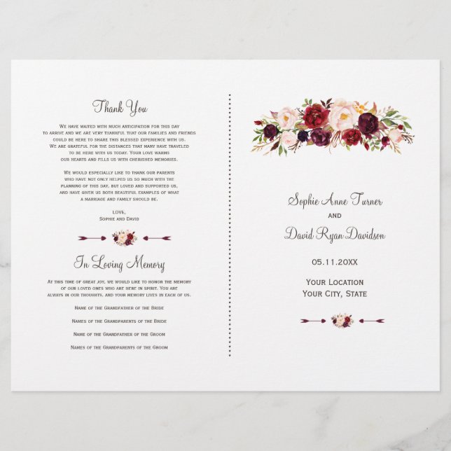 Programa Boho Burgundy Red Marsala de Bodas Floral (Anverso)