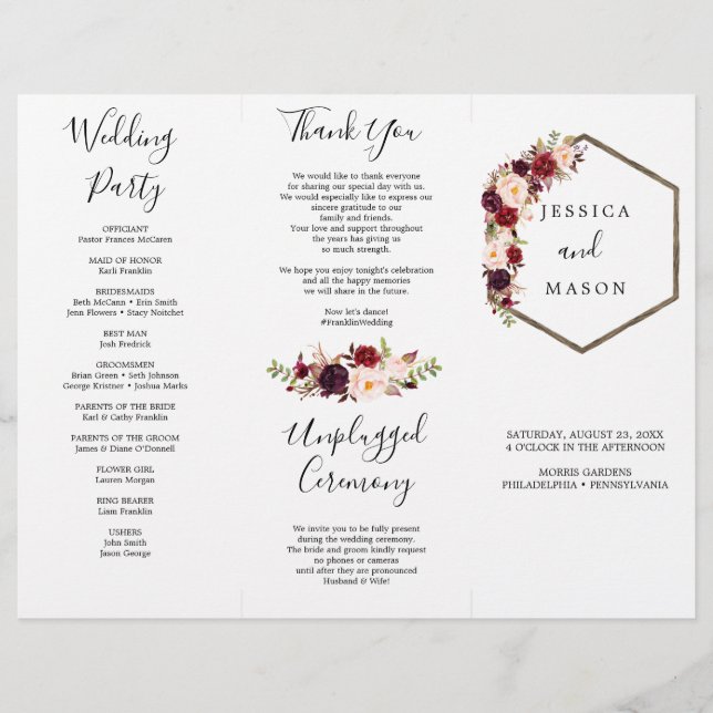 Programa Boho Burgundy Tri-Fold Wedding (Frente)