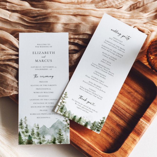 Programa Boho Mountain Pine Tree Elegant Wedding (Front/Back)