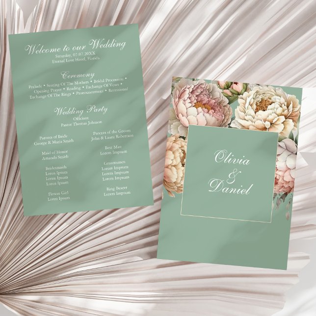 Programa Boho Pastel Sage y Rubor Peonies Wedding (Boho Pastel Sage & Blush Peonies Wedding Program on a sunny neutral dry palm leaf.)