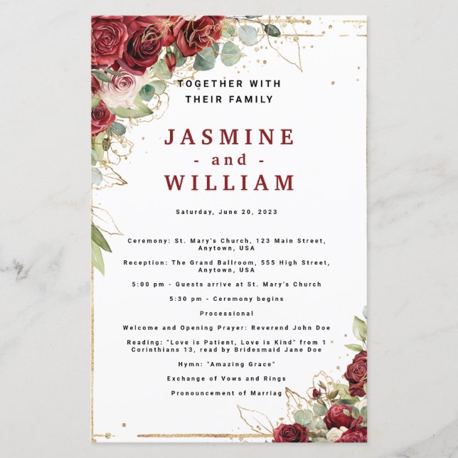 Programa Boho Rubor Burgundy Floral Gold Wedding (Anverso)