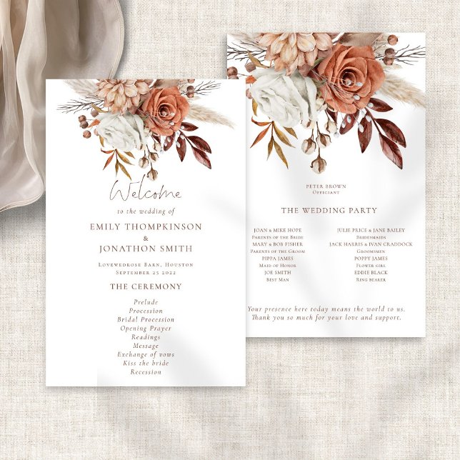 Programa Boho Rustic Terracotta Florals Wedding (Front and back view)