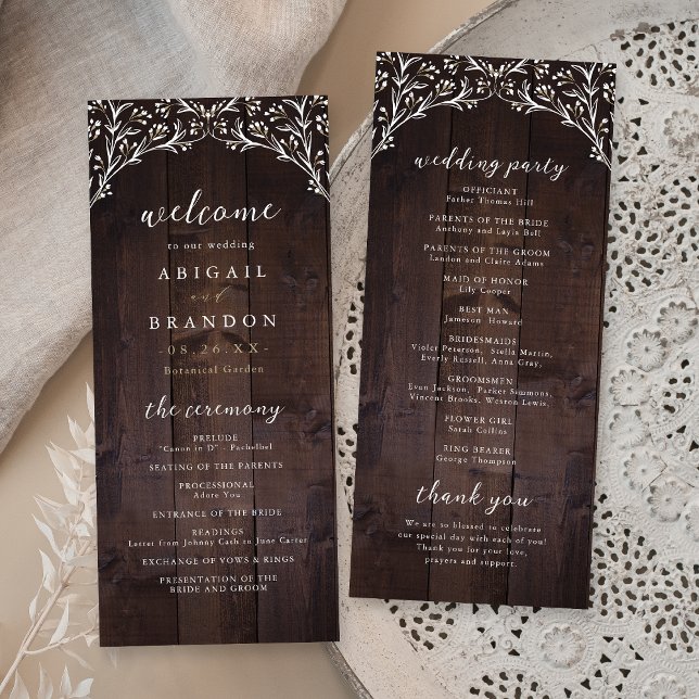 Programa Boho rústico de la madera del granero Boho Floral  (Rustic Barn Wood Boho Floral Country Wedding Program)