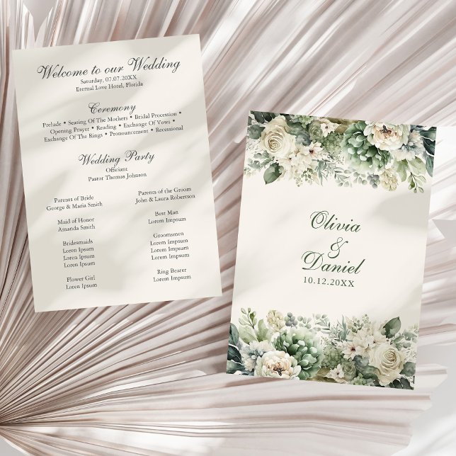 Programa Boho Sage Green y Ivory Flowers Wedding (Boho Sage Green and Ivory Flowers Wedding Program on a sunny neutral dry palm leaf.)