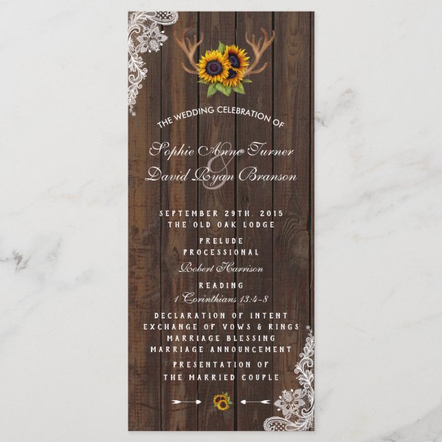 Programa Boho Sunflowers Antlers Wood Lace Wedding (Anverso)