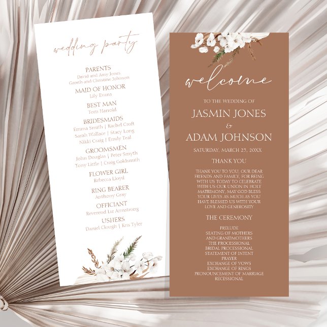 Programa Boho Terracotta Brown Pampas Boda de Gras (Boho Terracotta Brown Pampas Grass Wedding Program)