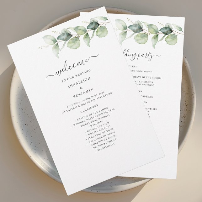 Programa Botánico de Boda con Verdor de Eucalipto (Elegant Eucalyptus Greenery Script Wedding Welcome Program Stationery)