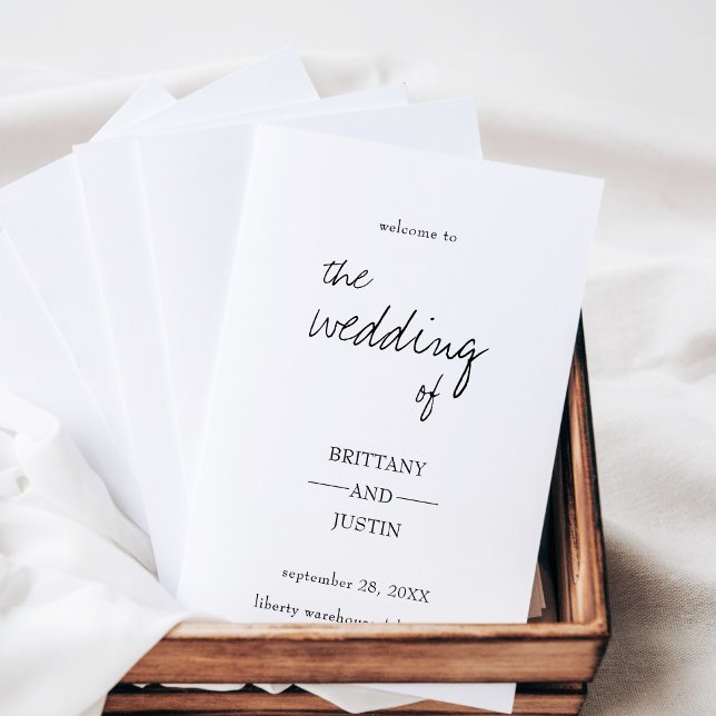 Programa Brittany Elegant Script de matrimonio dob (Elegant, folded wedding program with modern,calligraphy script in neutral, black and white.)