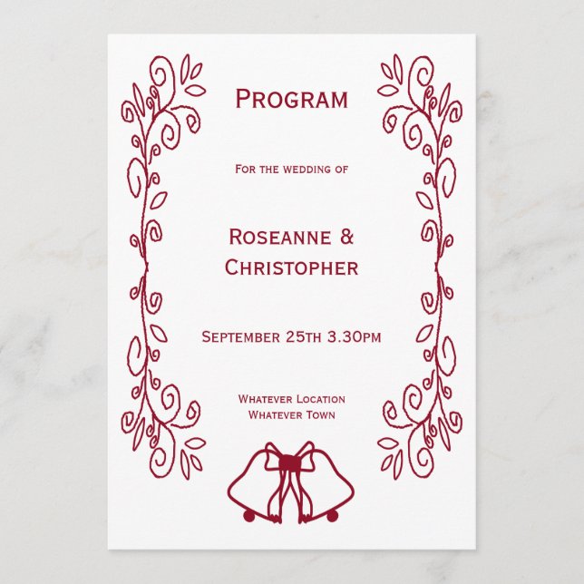 Programa Burgundy Bells Scrollwork Boda de diseño (Anverso)