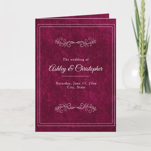 Programa Burgundy Berry Velvet White Folded Wedding Program (Anverso)