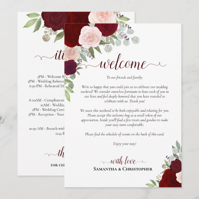 Programa Burgundy Blush Roses Wedding Welcome & Itinerary (Anverso / Reverso)