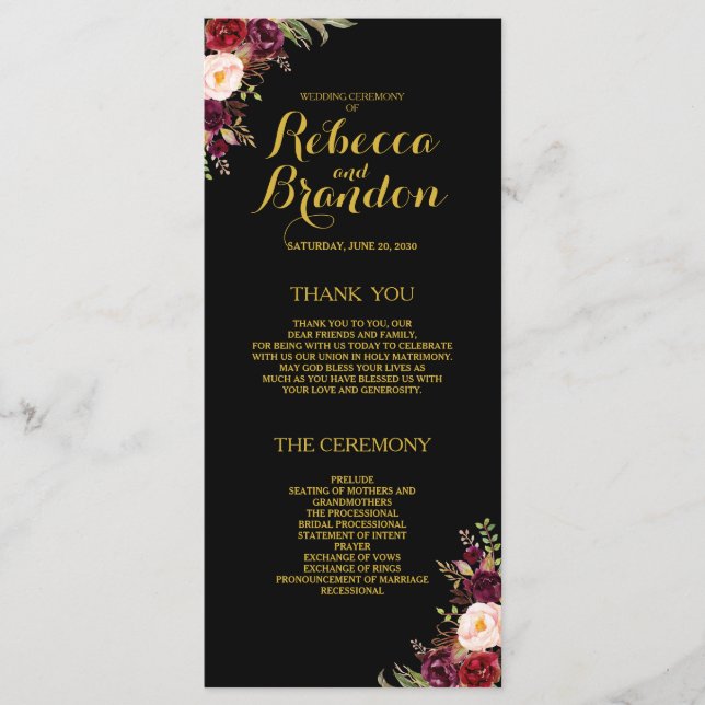 Programa Burgundy Floral Black Gold Custom Wedding (Anverso)
