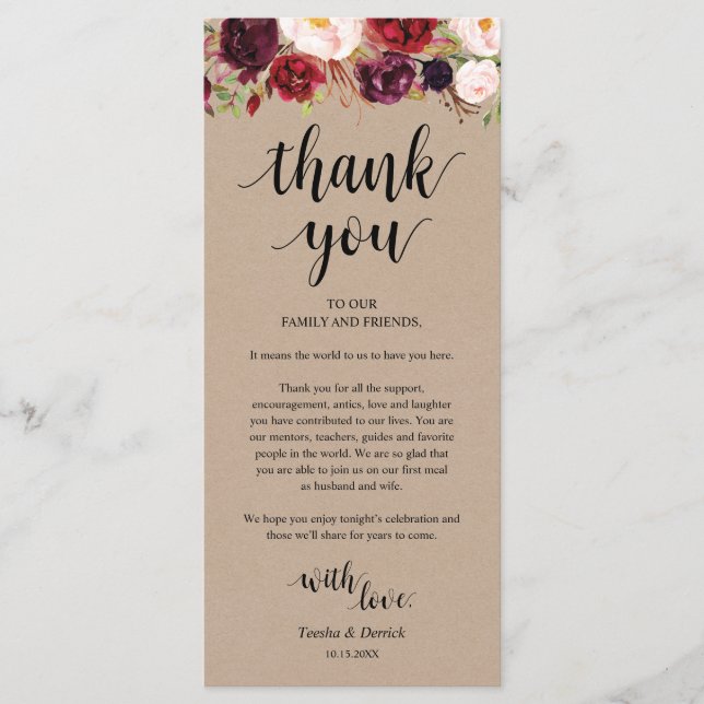 Programa Burgundy Floral Kraft Place Setting Gracias Card (Anverso)