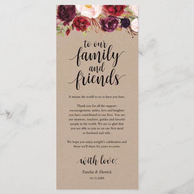 Programa Burgundy Floral Kraft Place Setting Gracias Card (Anverso)