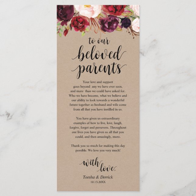 Programa Burgundy Floral Kraft Place Setting Gracias Card (Anverso)