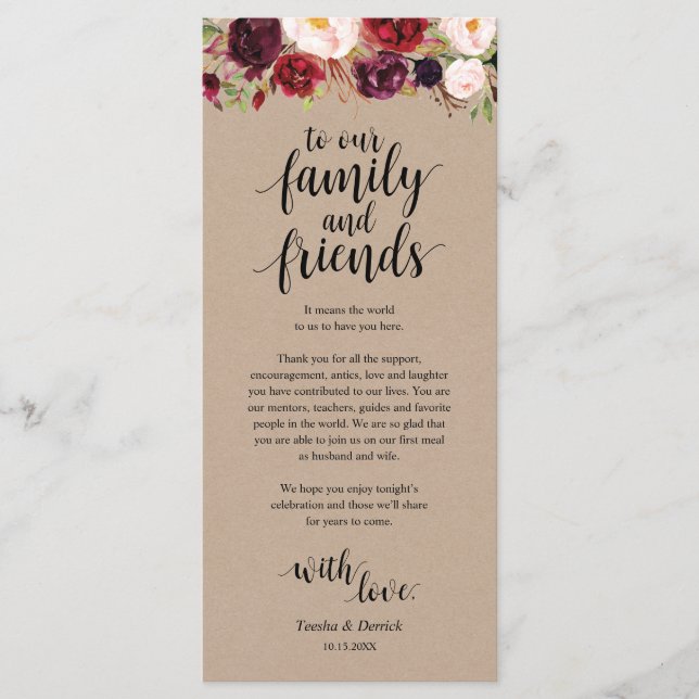 Programa Burgundy Floral Kraft Place Setting Gracias Card (Anverso)