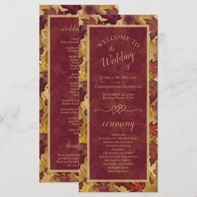 Programa Burgundy & Gold Autumn Leaves Elegant Wedding (Anverso / Reverso)