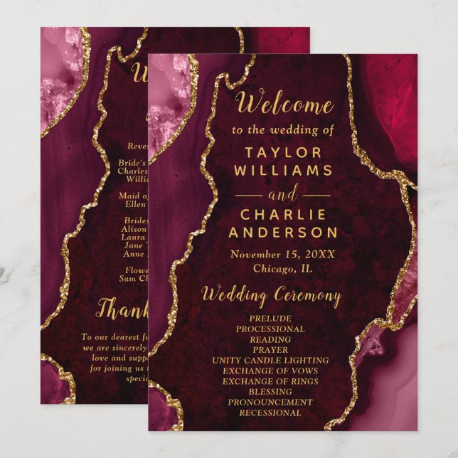 Programa Burgundy Red and Gold Agate Wedding Program (Anverso / Reverso)