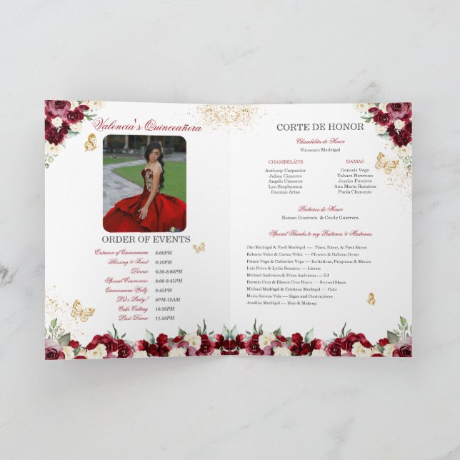 Programa Burgundy Red Floral Tiara Butterfly Quinceanera (Interior)