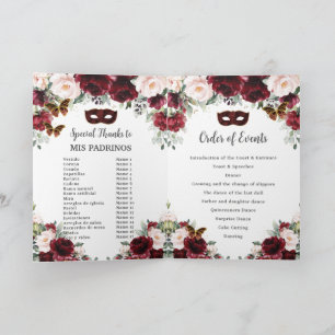 Programa Burgundy Rubor Floral Gold Quinceañera Masquerade