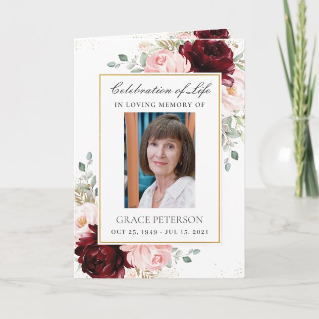 Programa Burgundy Rubor Floral Greeneration Photo Funeral (Anverso)