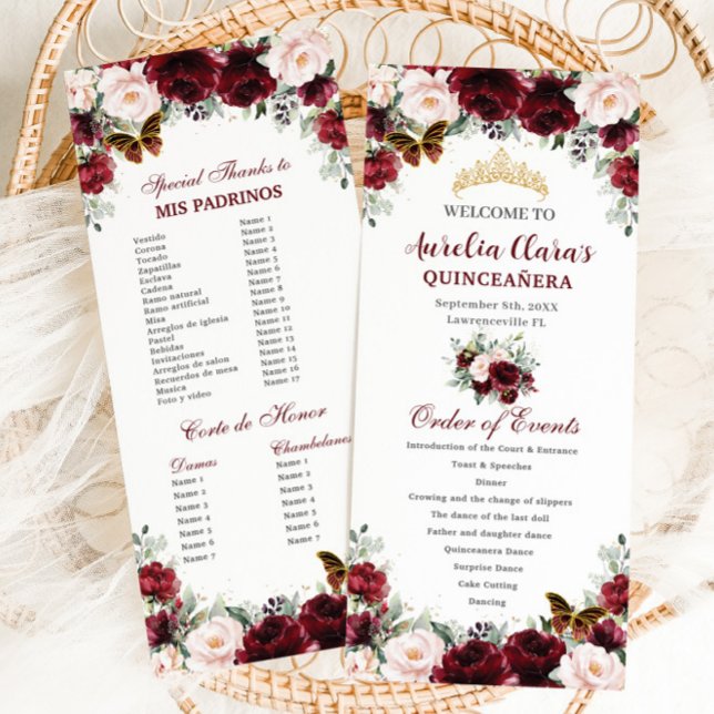 Programa Burgundy Rubor Floral QUINCEAÑERA Orden de eventos (blush-burgundy-floral-butterflies-tiara-gold-quinceanera-15th-birthday-order-of-events-program)