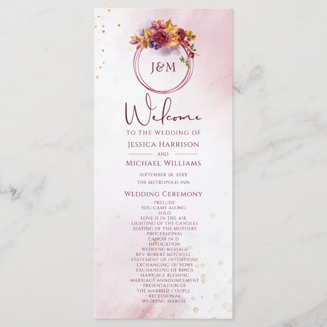 Programa Burgundy Watercolor Fall Boda elegante Bouquet (Anverso)