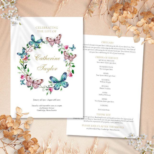 Programa Butterflies Memorial Funeral Orden De Servicio (Butterflies Memorial Funeral Order Of Service Program)