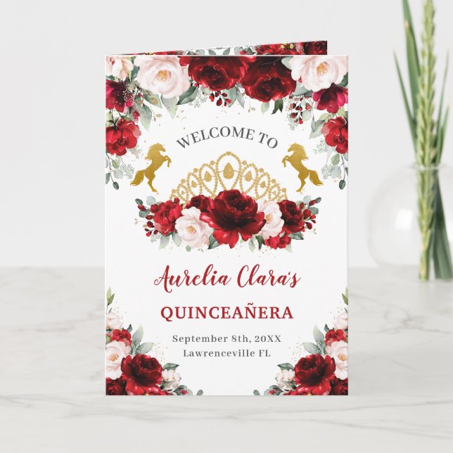 Programa Caballo Floral Rojo Quinceañera Orden de eventos (Anverso)