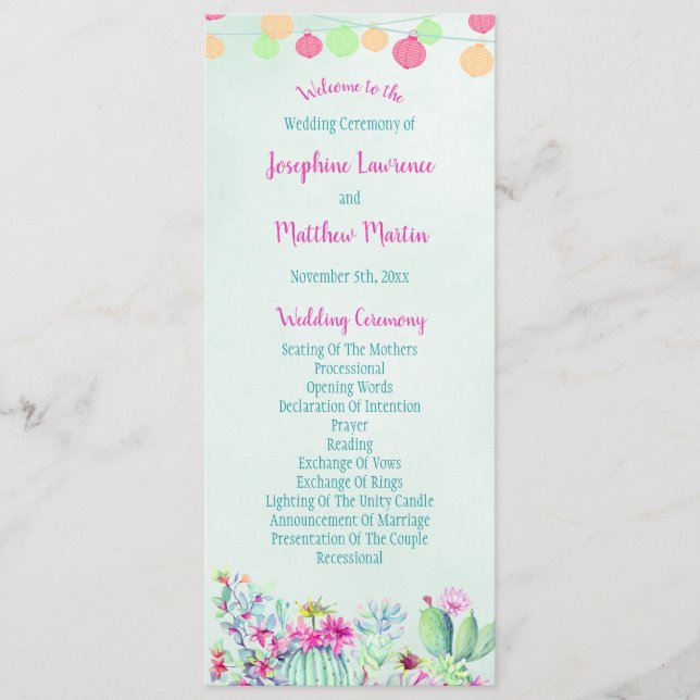 Programa Cactus Lantern Fiesta Succulents Wedding Program (Anverso)
