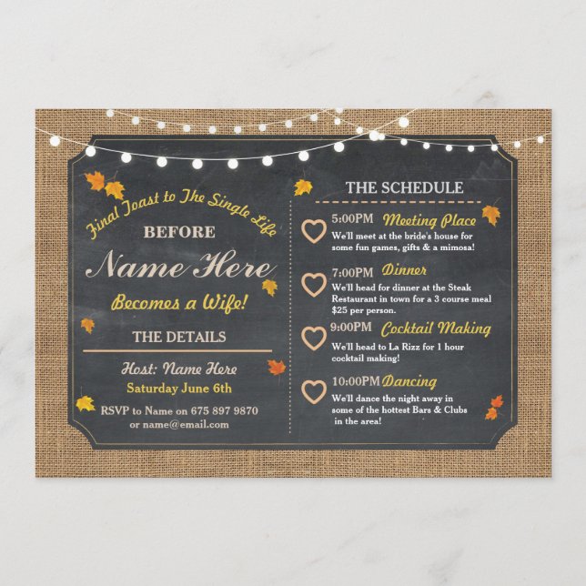 Programa Caída Bridal Shower Chalk Itinerary Bachelorette (Anverso)