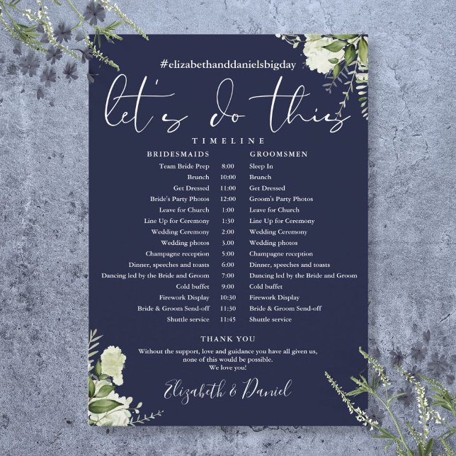 Programa Calendario del Boda de vegetación azul de la marin (Navy Blue Greenery Wedding Schedule Timeline Program)