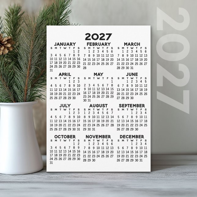 Programa Calendario Mínimo 2027 - Vista Anual Negro Blanco (2027 Calendar printed on Cardstock)