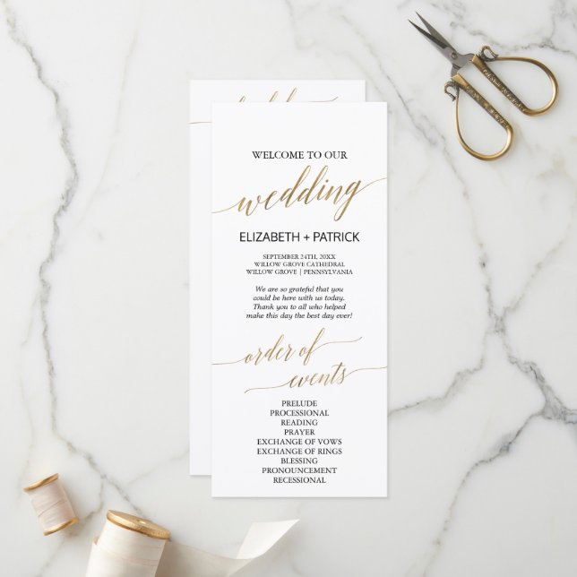 Programa Caligrafía elegante | Orden De Eventos De Boda Oro (Anverso/Reverso In Situ)