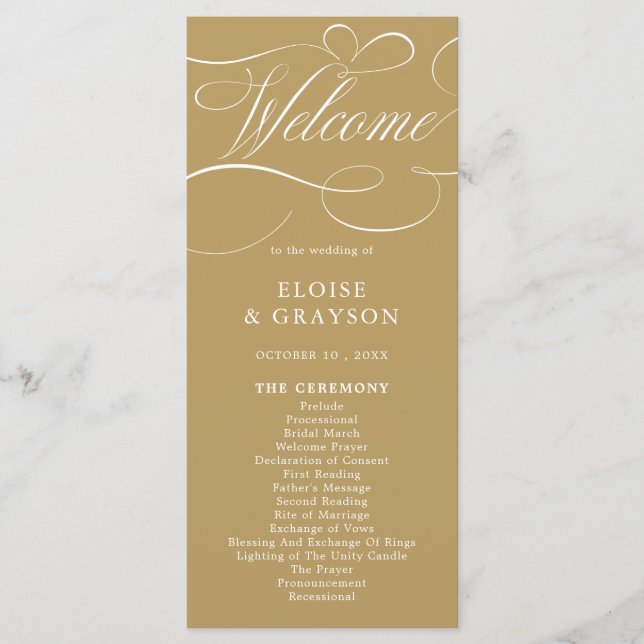 Programa Caligrafía moderna boda de oro y blanco intemporal (Anverso)