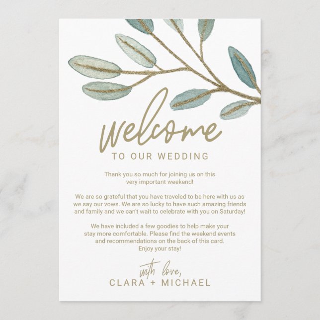 Programa Carta de bienvenida de Boda de eucalipto de oro e  (Anverso)
