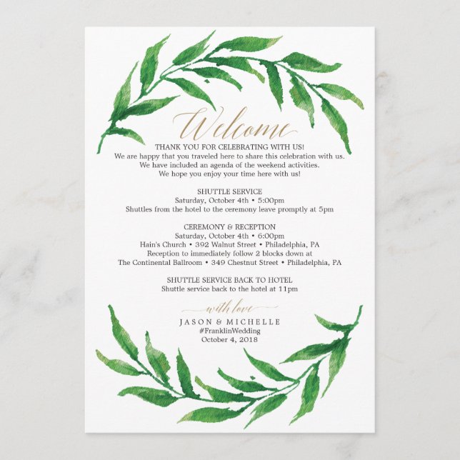 Programa Carta de bienvenida tineraria del Boda de verde (Anverso)