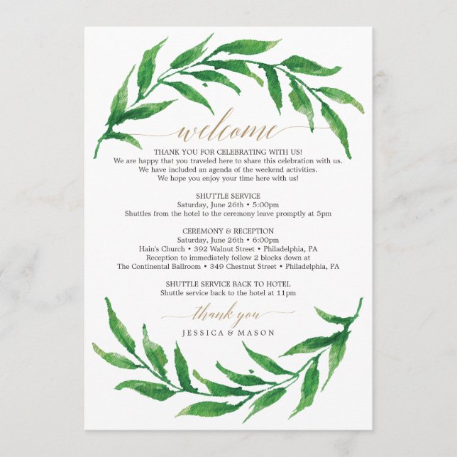 Programa Carta tineraria de bienvenida de Boda de verde (Anverso)
